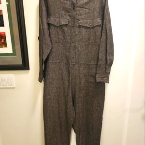 Billy Reid linen/cotton jumpsuit; gray; size L; snap buttons-front/long sleeves